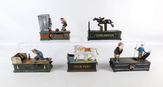 Lot of 5 Vintage Reproduction Cast Iron Mechanical Banks