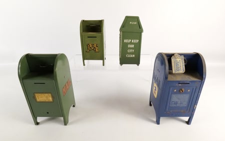 Lot of 4 Metal Mailbox and Garbage Can Banks