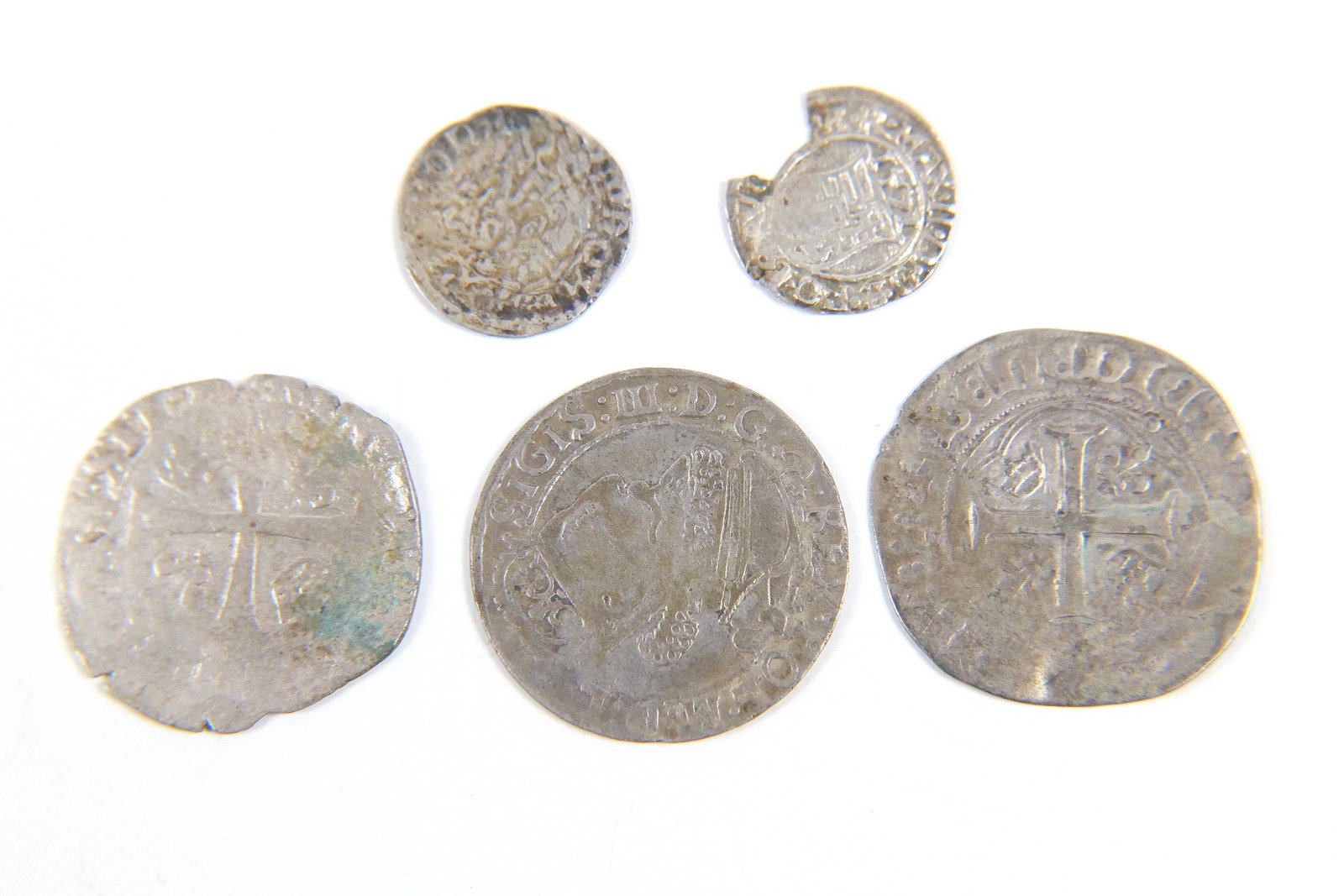 Group of Medieval Silver Coins: Group of medieval silver coins including a Sigismund III 6 Groschen - 1624, 2 unknown silver douzain, a Hungarian silver denar - King Maximillian - 1571 and a Matthias Corvinus 15th century silver den