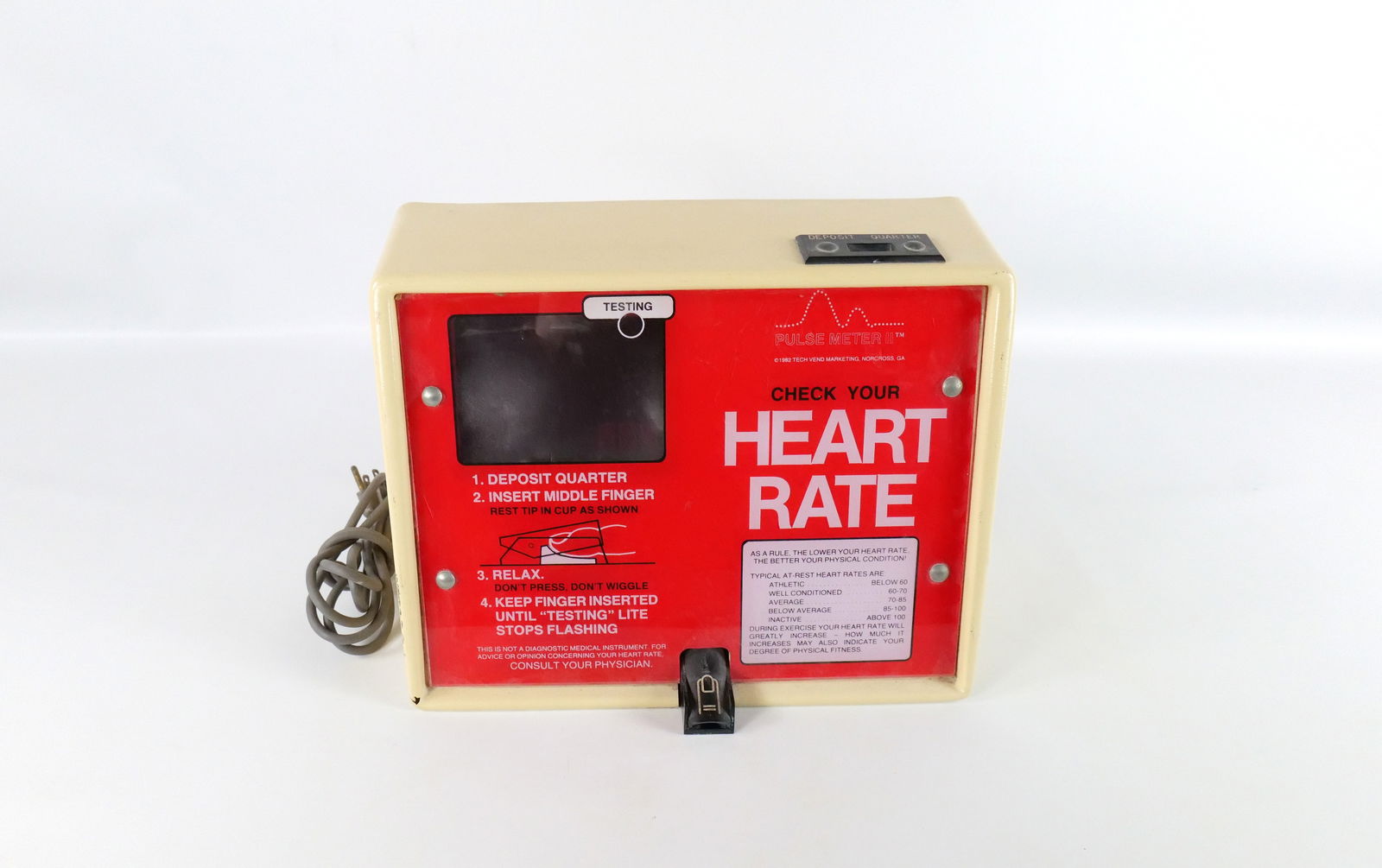 Pulse Meter II - Check Your Heart Rate Machine: Pulse Meter II - Check Your Heart Rate Machine 1982 by Tech Vend Marketing. Tested and Working. Crack in frame. Comes with key. Measures 10.5" tall x 14" wide x 7.5" deep. All invoices must be paid
