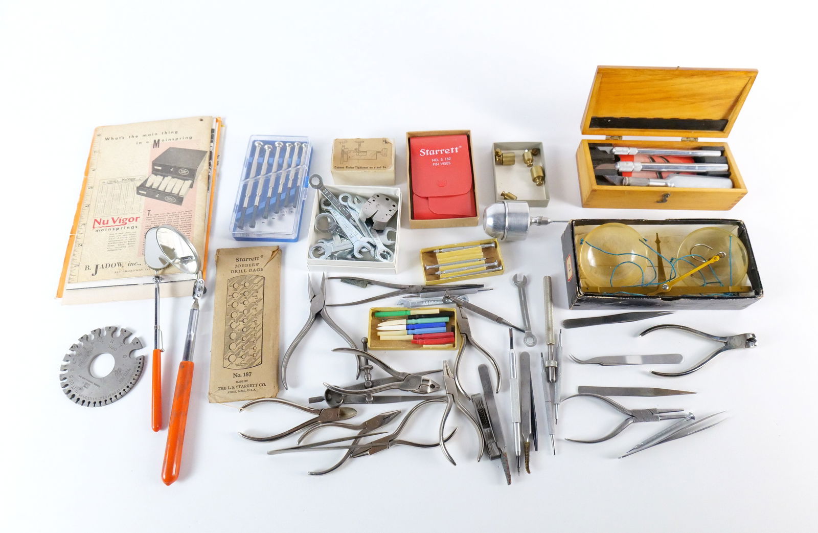 Lot of Watch Making and Precision Tools: Lot of Watch Making and Precision Tools. Including Screwdriver Set, Small Wrenches, Pin Vises, Cannon Pinion Tightener, Starett Drill Gage, Weights, Exacto Knife Set and More. All invoices must be pai