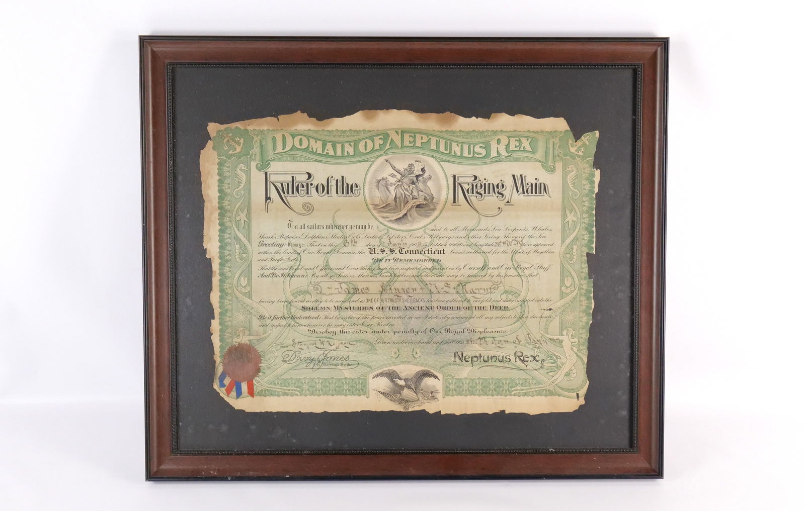 Framed Domain Neptunus Rex: Framed Domain Neptunus Rex. Naval Document. Dated 1908 USS Connecticut. Has raised seal. Certificate is missing some paper around the edges. Measures 22.5" tall x 26.5" wide. All invoices must be paid