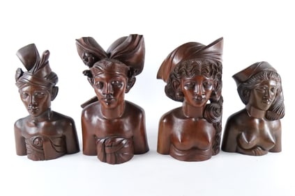 Lot of 4 Balinese Carved Wooden Busts of Women
