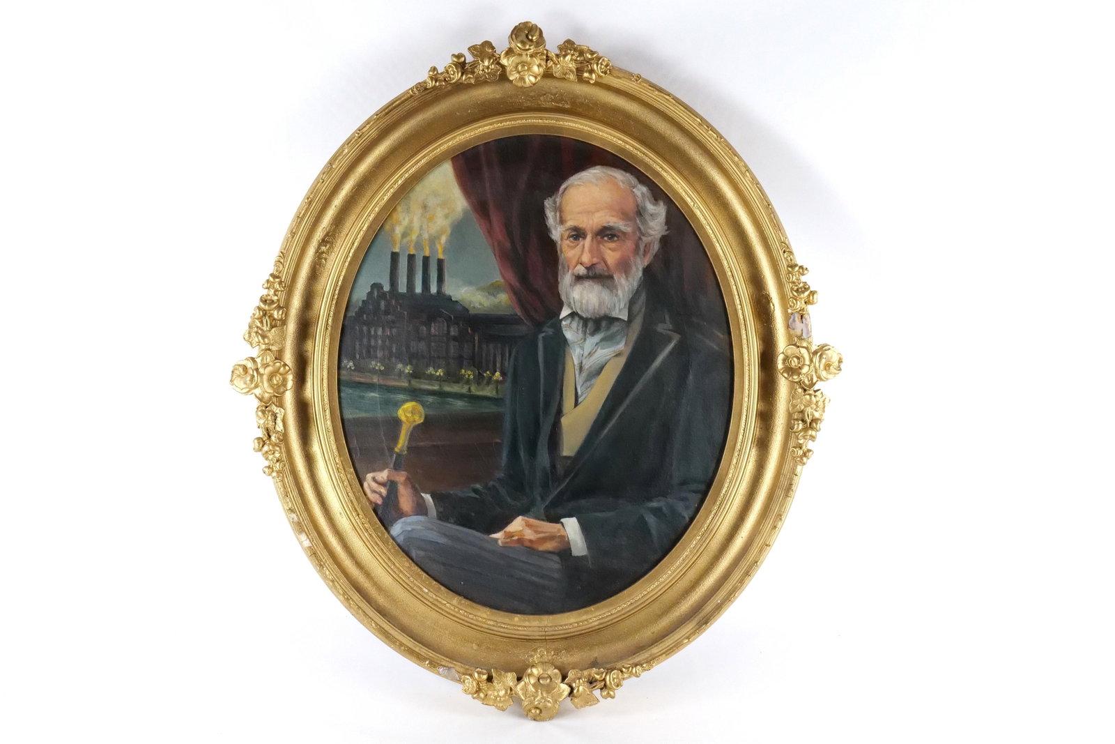 Oil on Canvas - Portrait of Gentlemen: Oil on Canvas. Portrait of Gentlemen with Industrial Building in the background. Unsigned. Comes in ornate oval frame. Frame has some damage. Measures 41" tall x 35" wide. All invoices must be paid wi