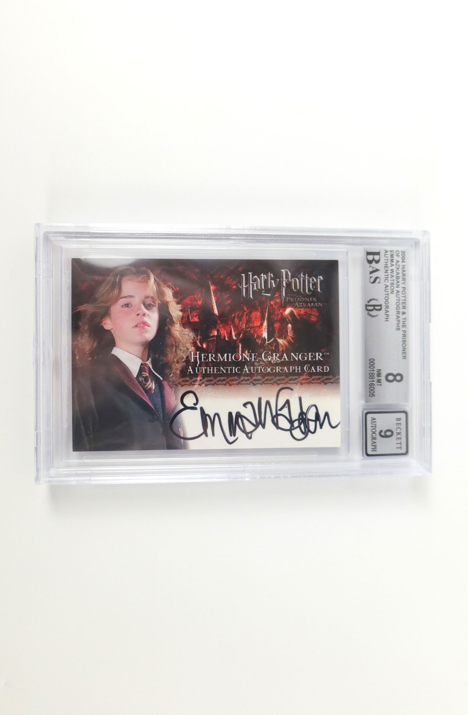 Emma Watson 2004 Artbox Prisoner of Azkaban Autograph Card: 2004 Artbox Harry Potter and The Prisoner of Azkaban Emma Watson Autograph Card - Hermione Granger. Beckett Graded 8 NM-MT - Autograph Graded 9. All Harry Potter Cards in this section of the Auction c
