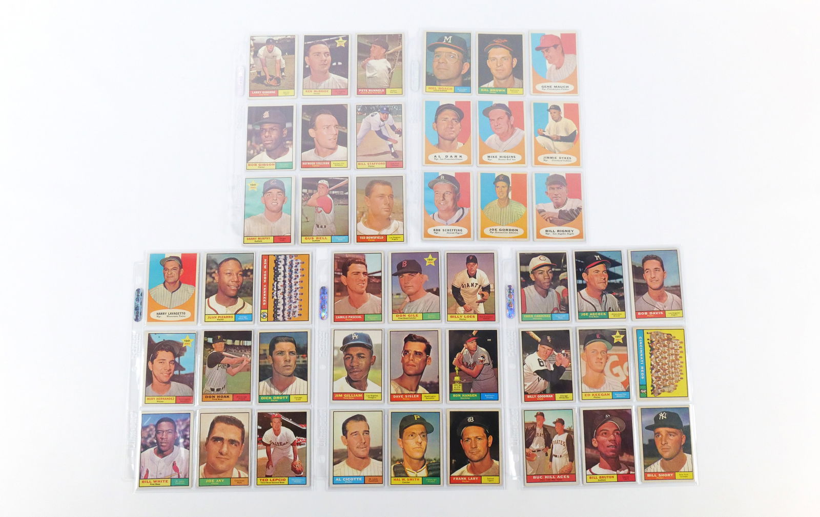 Lot of 45 Topps 1961 Baseball Cards: Lot of 45 Topps 1961 Baseball Cards. Including #208-252. Cards include Bob Gibson, Mel Roach, Manager Cards, New York Yankees Team Card, Al Cicotte, Buc Hill Aces, and many more. Please look at all ph