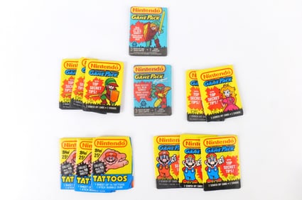 Lot of 13 Vintage Sealed Wax Nintendo Game Pack and Tattoos