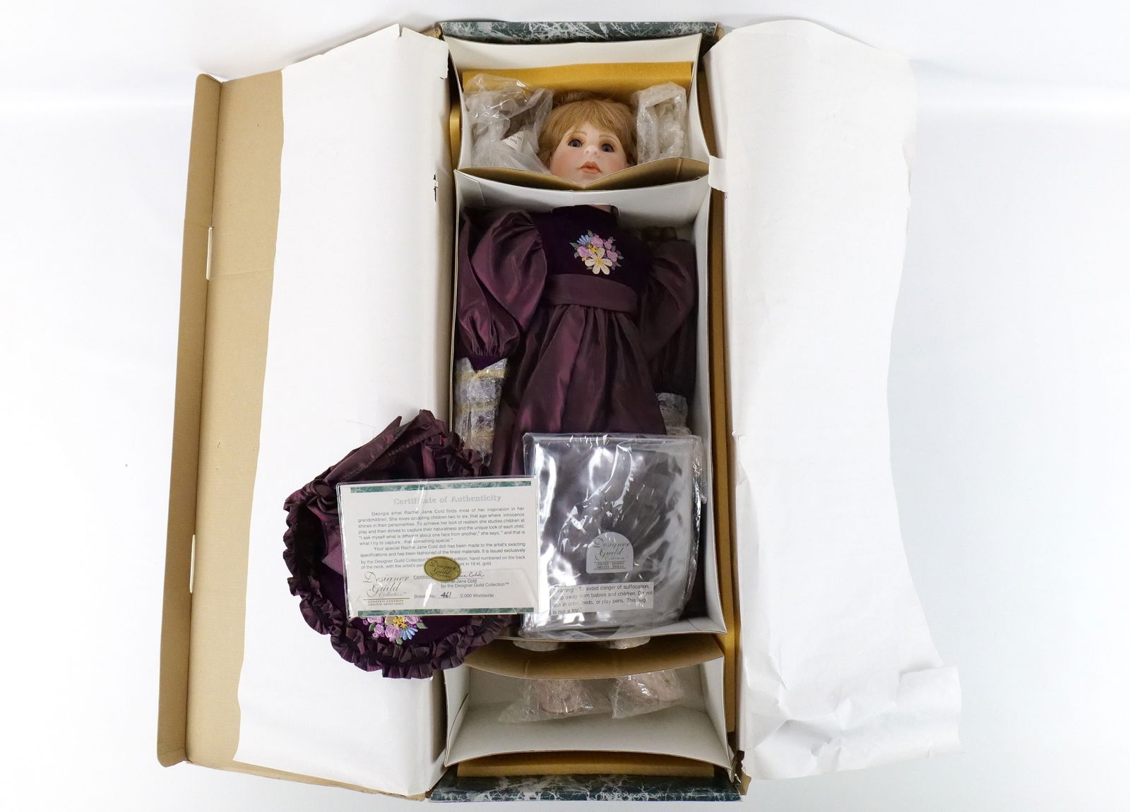 Designer Guild Brooke Artist Limited Edition Porcelain Doll: Designer Guild Brooke Artist Limited Edition Porcelain Doll. Made by Rachel Jane Cold. She appears to never have been taken out of the box but looked at. Limited Edition of #461/2000. Measures approx.
