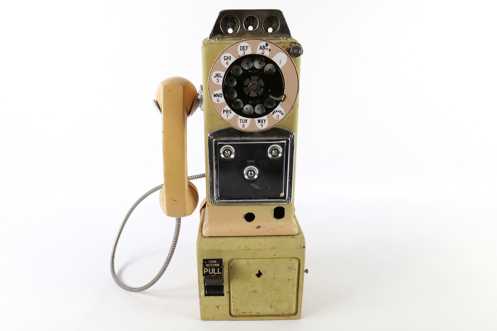 Vintage 3 Slot Pay Phone - Western Electric: Vintage 3 Slot Pay Phone - Western Electric. Missing front information. No Key and Missing lock mechanism on top area. Appears to have been repainted in areas at some point. Measures 18.5" tall x 9" w