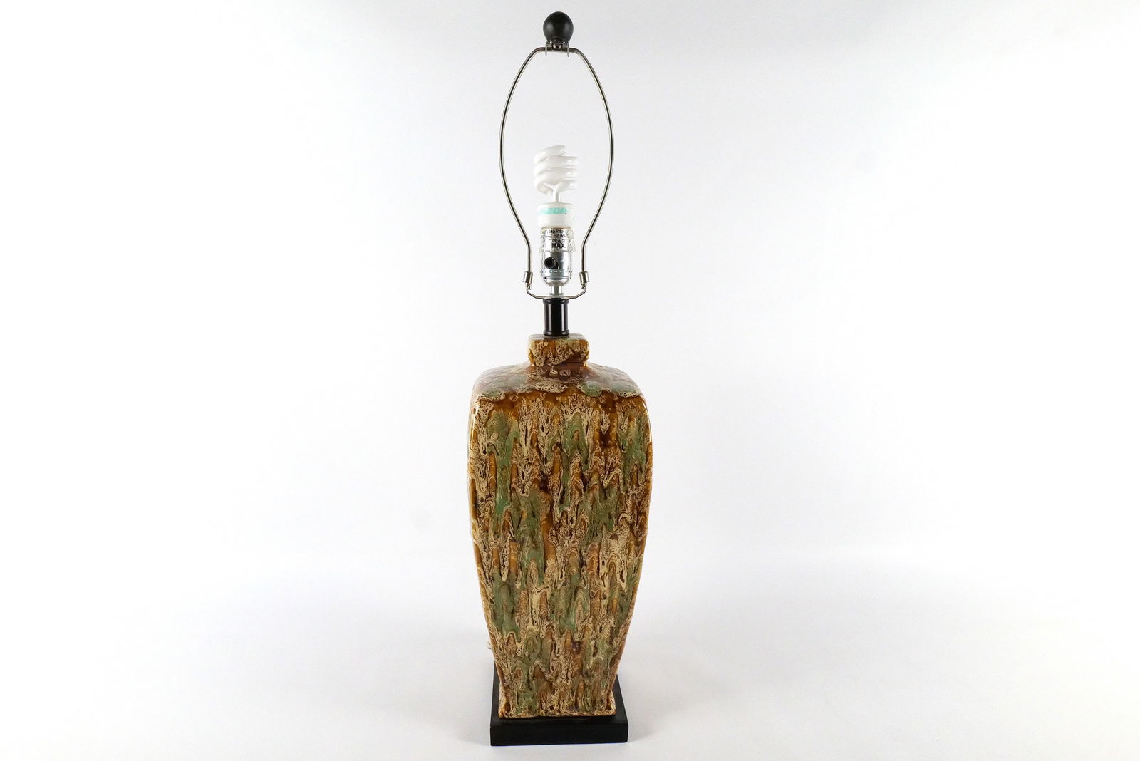 Mid Century Modern Ceramic Pottery Table Lamp: Mid Century Modern Ceramic Pottery Table Lamp. Brown, Green, Tan Drip Glaze. Measures 30.5" tall x 7.5" wide. All invoices must be paid within 24 hours of the sale. We offer multiple shipping options,
