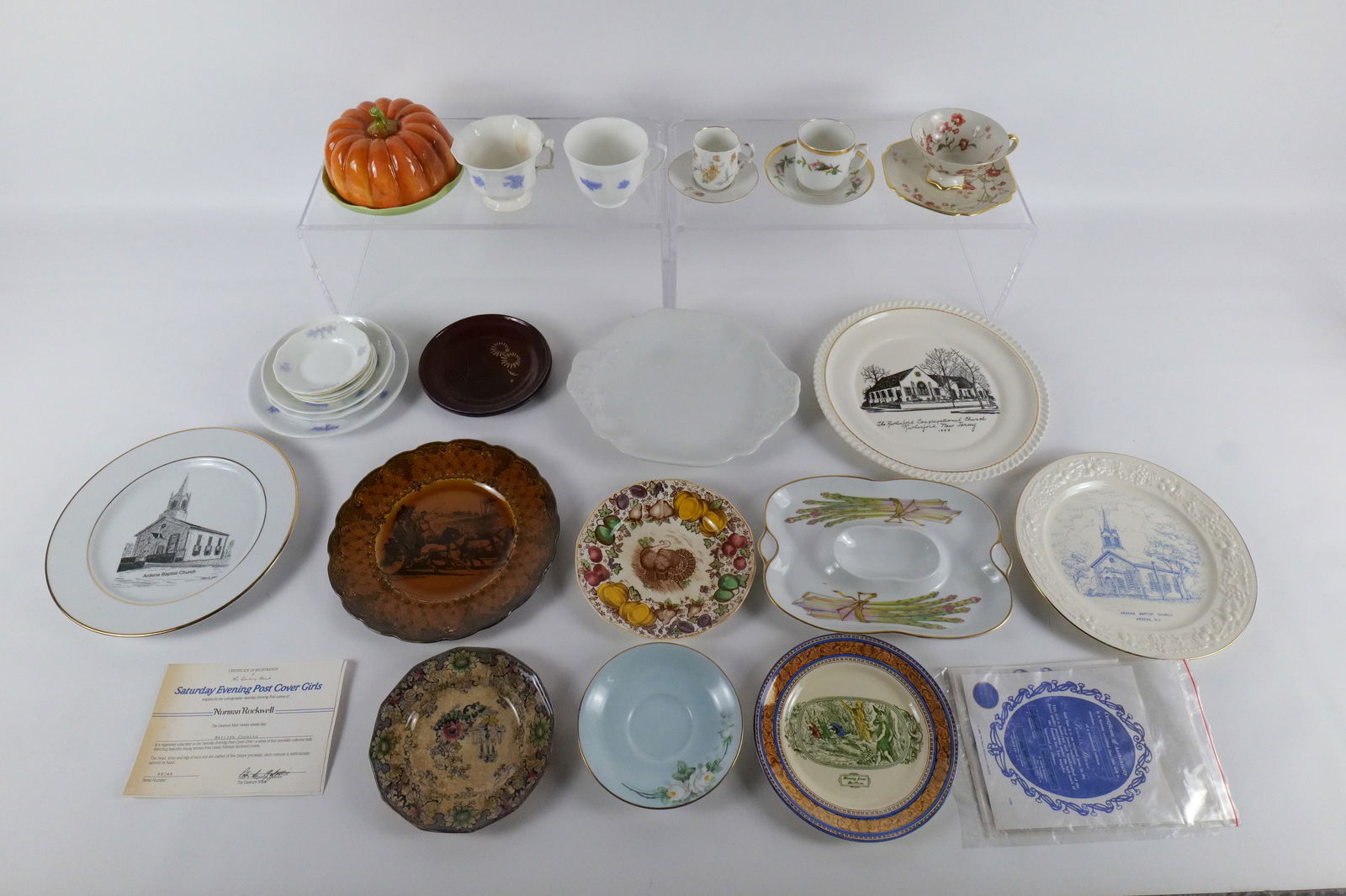 Group Lot of Dishes: Group Lot of Dishes. Including Porcelain, Pottery, Wooden, and Ironstone. Including Royal Worcester Evesham Asparagus Plate, Barker Bros Ironstone Turkey Plate, Ridgway's England Scenes from Coaching