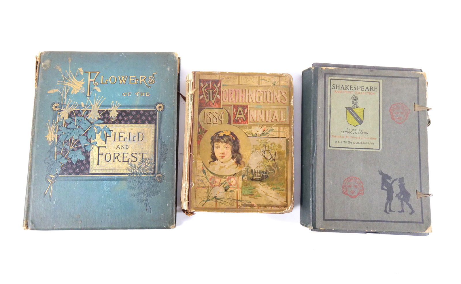 Lot of Antique Books: Lot of Antique Books. Including 1884 Worthington's Annual, Shakespeare Rare Print Collection and Flowers of the Field and Forest. All have condition issues. Including some wear to the covers and spine