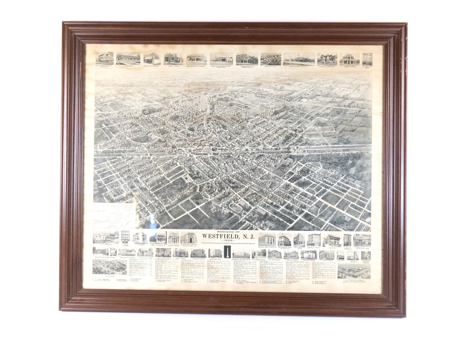 Framed Aeroview of Westfield NJ - Dated 1929: Framed Aeroview of Westfield NJ - Dated 1929. Some discoloration present. Measures 31.25" tall x 37" wide. All invoices must be paid within 24 hours of the sale. We offer multiple shipping options,