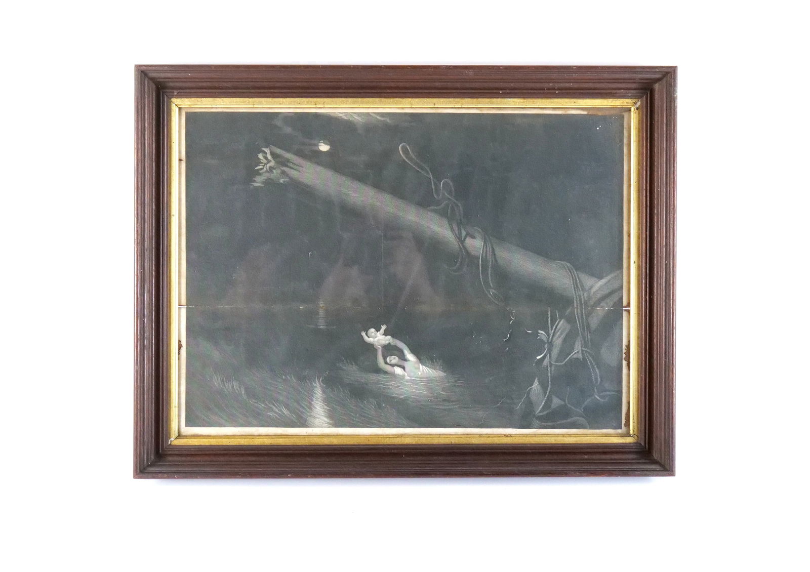 Framed Early Print: Framed Early Print. Depicting Woman saving a baby from a shipwreck. Has tearing on the print that goes all the way across. Measures 19.5" tall x 25.5" wide. All invoices must be paid within 24 hours