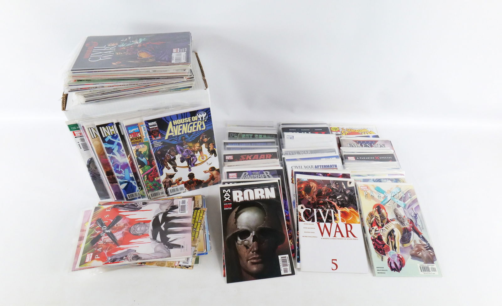 Short Box of Civil War and Marvel Miniseries Comics: Short Box of Civil War and Marvel Miniseries Comics. Including Civil War 1 & 2, Inhumans vs. X-Men, Death of X, Paradisex X Origin, House of M, Skarr Son of Hulk and More. Average Grade is VF to NM. S