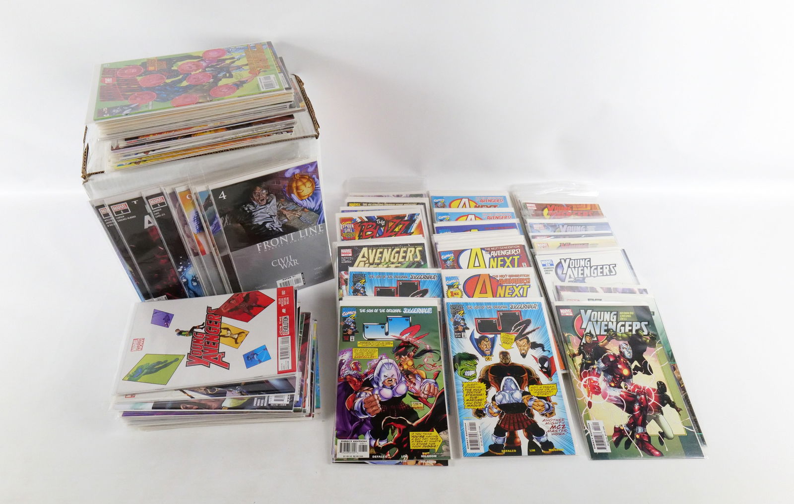 Short Box of Marvel Young Heroes Comics: Short Box of Marvel Young Heroes Comics. Including Young Avengers, Exiles, New Exiles, Fantastic Five, and More. Average Grade is VF to NM. Short Box is Full. Please note that the short boxes in photo