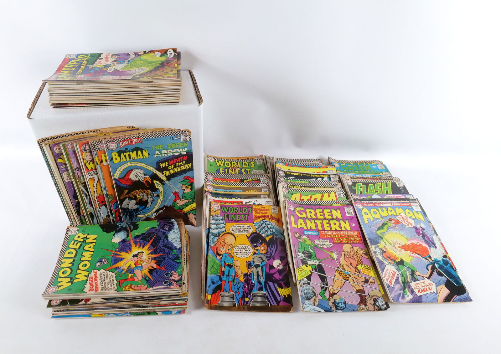 Short Box of Silver Age DC Comics: Short Box of Silver Age DC Comics. Including World's Finest #143-177, Hawkman #9-24, Atom #20-35, Green Lantern #39-58, Flash #150-190, Aquaman #22-50, Wonder Woman #156-183, Brave & Bold #62-79, Meta