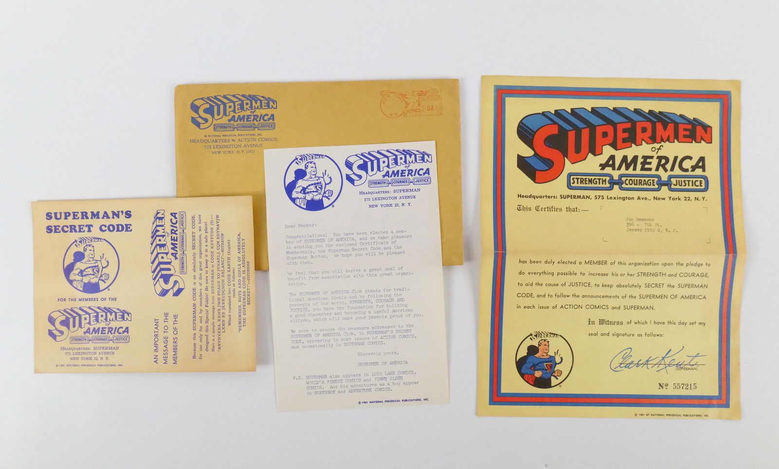 Supermen of America Membership Kit: Supermen of America Membership Kit. Incomplete. Includes Code Card and Certificate. All invoices must be paid within 24 hours of the sale. We offer multiple shipping options, please read the