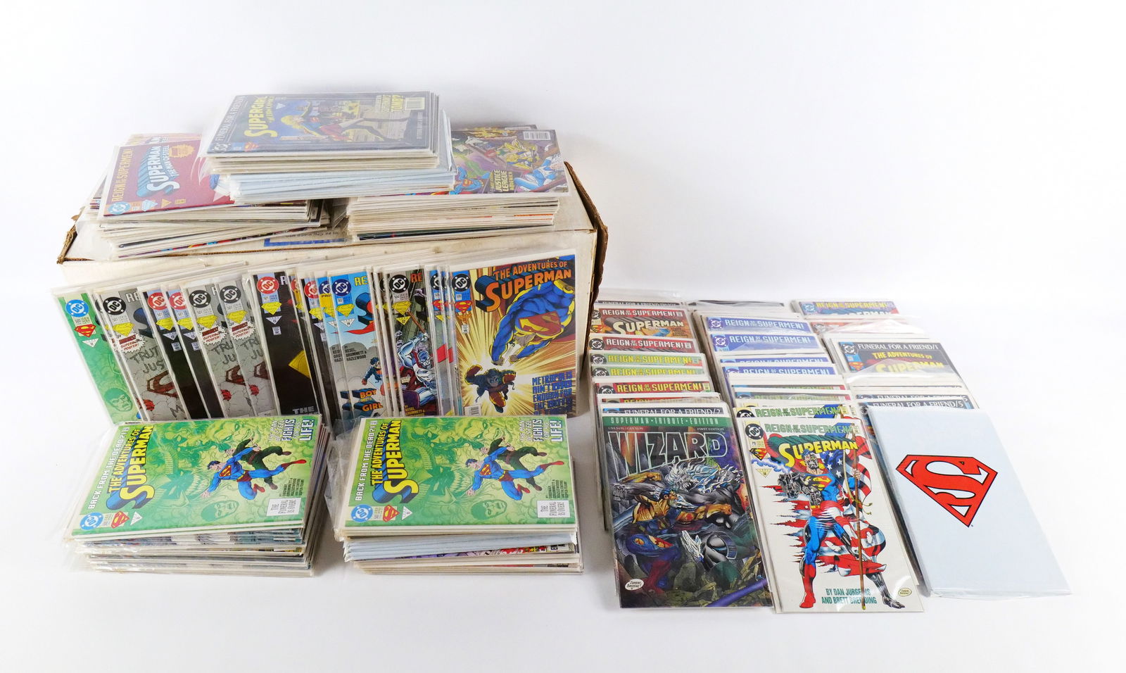 Long Box of Death of Superman Comics: Long Box of Death of Superman Comics. Including Multiple Copies, Wizard Tribute Issue, Supergirl & Team Luther, Legacy of Superman, Superman #74-83, Action Comics #684-691, Adventures of Superman #497