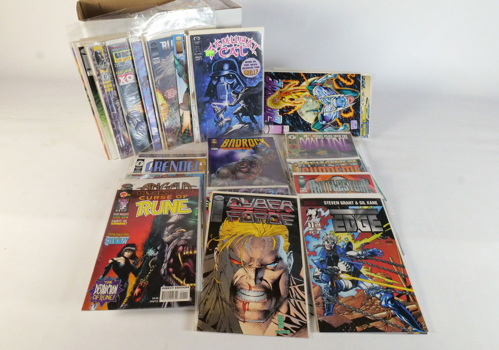 Short Box of Independent Comics: Short Box of Independent Comics. Including Supreme, Deathblow, Brigade, Starslayer, Youngblood, Robocop, Cyberforce, and More. Average Grade is Fine to VF. Short Box is Full. Please note that the shor