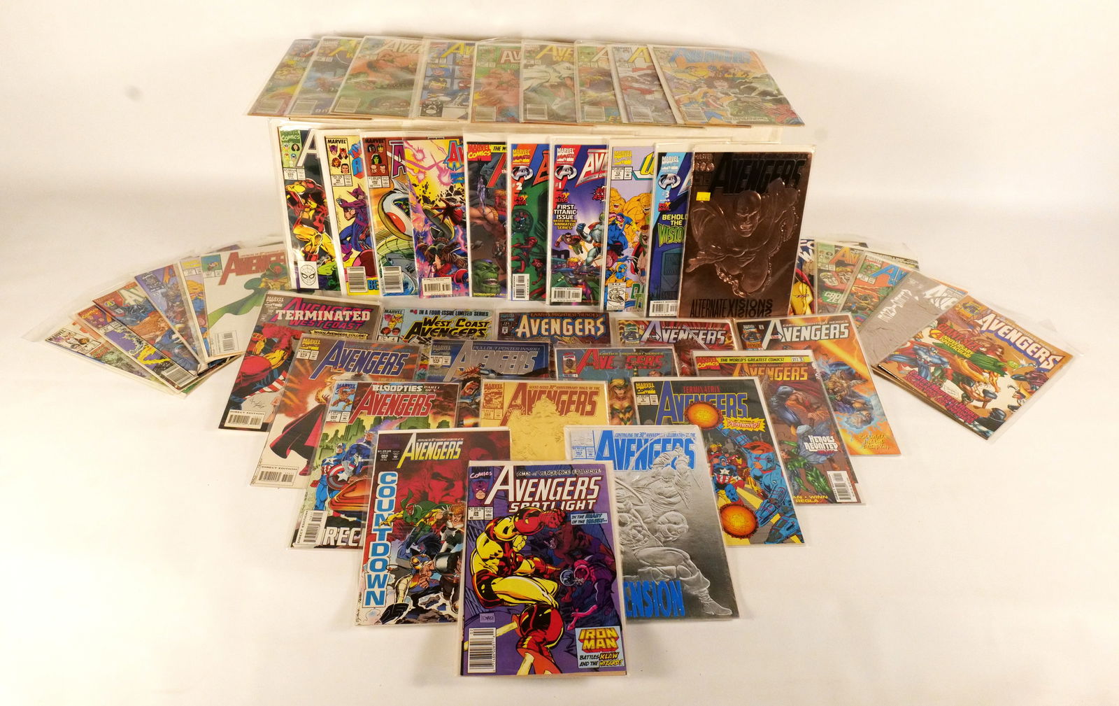 Long Box of Avengers and Silver Surfer Comics: Long Box of Avengers and Silver Surfer Comics. Including Avengers Vol. 1, Vol. 2, and Vol. 3, West Coast Avengers, Avengers Spotlight, and Silver Surfer Vol. 2. Average Grade is VG to Fine. Long Box i