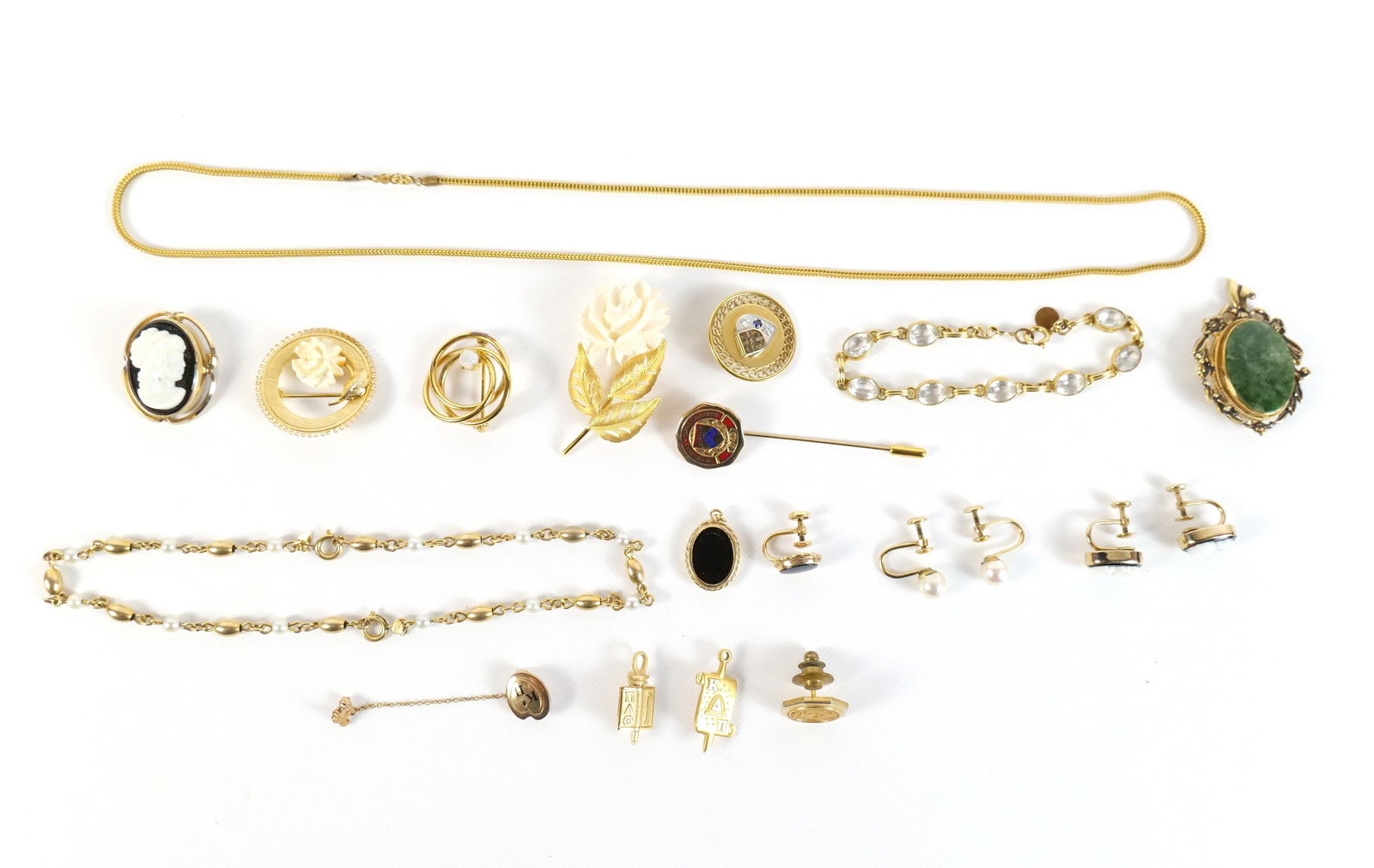 Lot of Gold Filled Jewelry: Lot of Gold Filled Jewelry. Including Wells Double Strand Faux Pearl Bracelet, Winard Pendant with Green Stone, Cameo Style Earrings and Pin/Pendant, Bojar Onyx Earring and Pendant Set, Bezel Set Brac