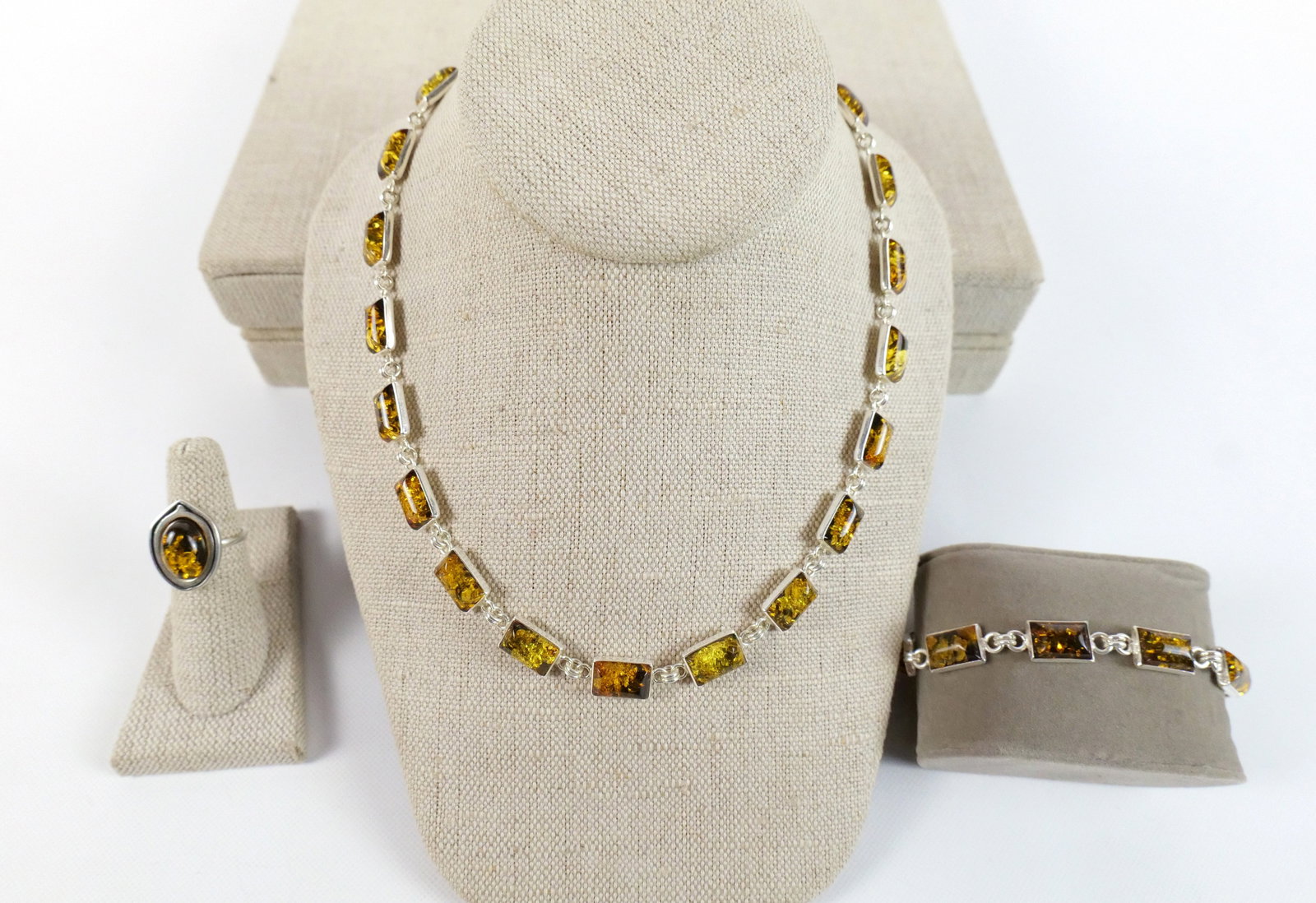 Sterling Silver and Amber Jewelry Set: Sterling Silver and Amber Jewelry Set. Including 17" Necklace, 8" Bracelet, and Ring Size 5 3/4. All invoices must be paid within 24 hours of the sale. We offer multiple shipping options, please read