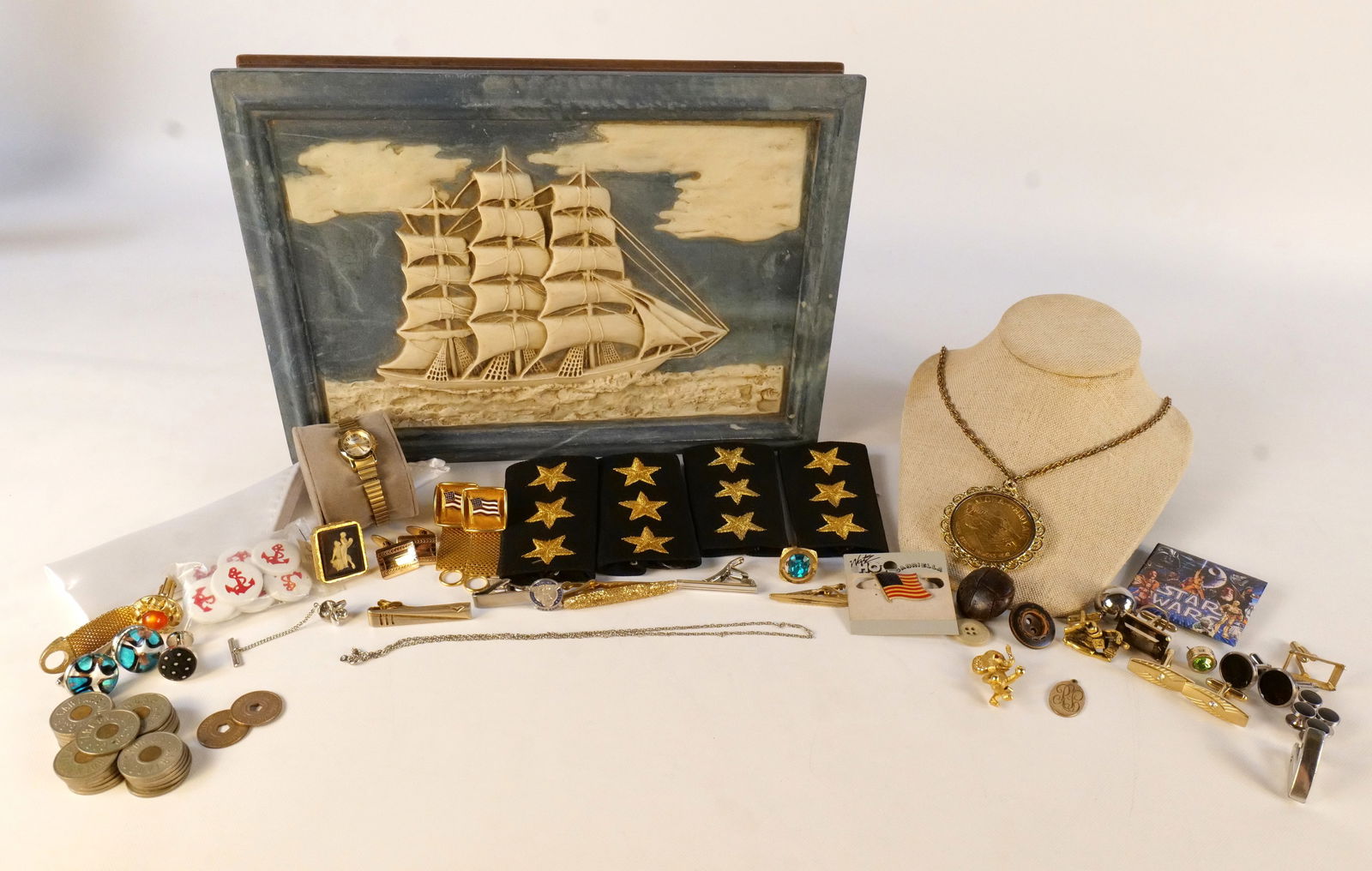 Incolay Ship Box with Mostly Men's Jewelry: Incolay Ship Box with Mostly Men's Jewelry Inside. Including Tokens, Cufflinks, Pins, 3 Star, Ladies Wrist Watch, Buttons, and More. All invoices must be paid within 24 hours of the sale. We offer mul