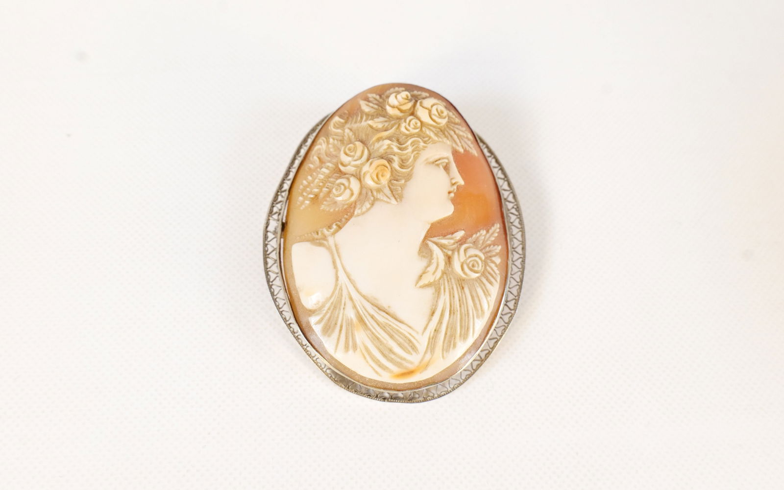 Large 14k White Gold Cameo Pendant/Brooch: Large 14k White Gold Cameo Pendant/Brooch. Bending by the edges. Measures 2.25" tall. All invoices must be paid within 24 hours of the sale. We offer multiple shipping options, please read the shippin
