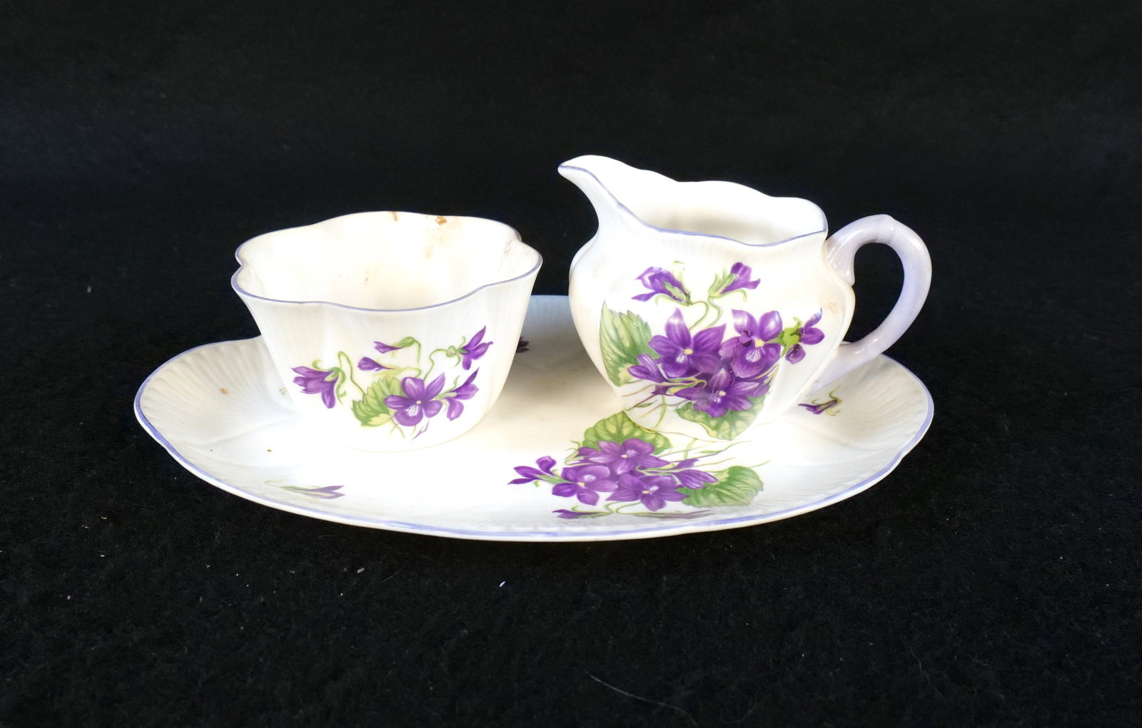 Shelley Violets Creamer and Open Sugar with Tray: Shelley Violets Creamer and Open Sugar with Tray. Tray measures 8.75" long. All invoices must be paid within 24 hours of the sale. We offer multiple shipping options, please read the shipping terms to