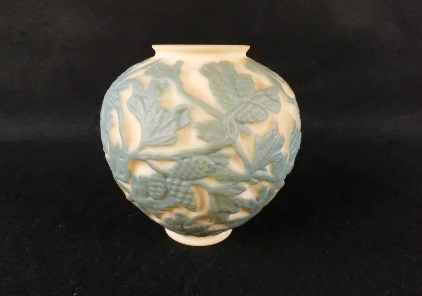 Phoenix Sculptured Uranium Art Glass Vase - Pinecone Relief: Consolidated/Phoenix Sculptured Uranium Glass Vase. Pinecone Pattern in Painted High Relief. Measures 6.75" tall x 7" wide. All invoices must be paid within 24 hours of the sale. We offer multiple shi