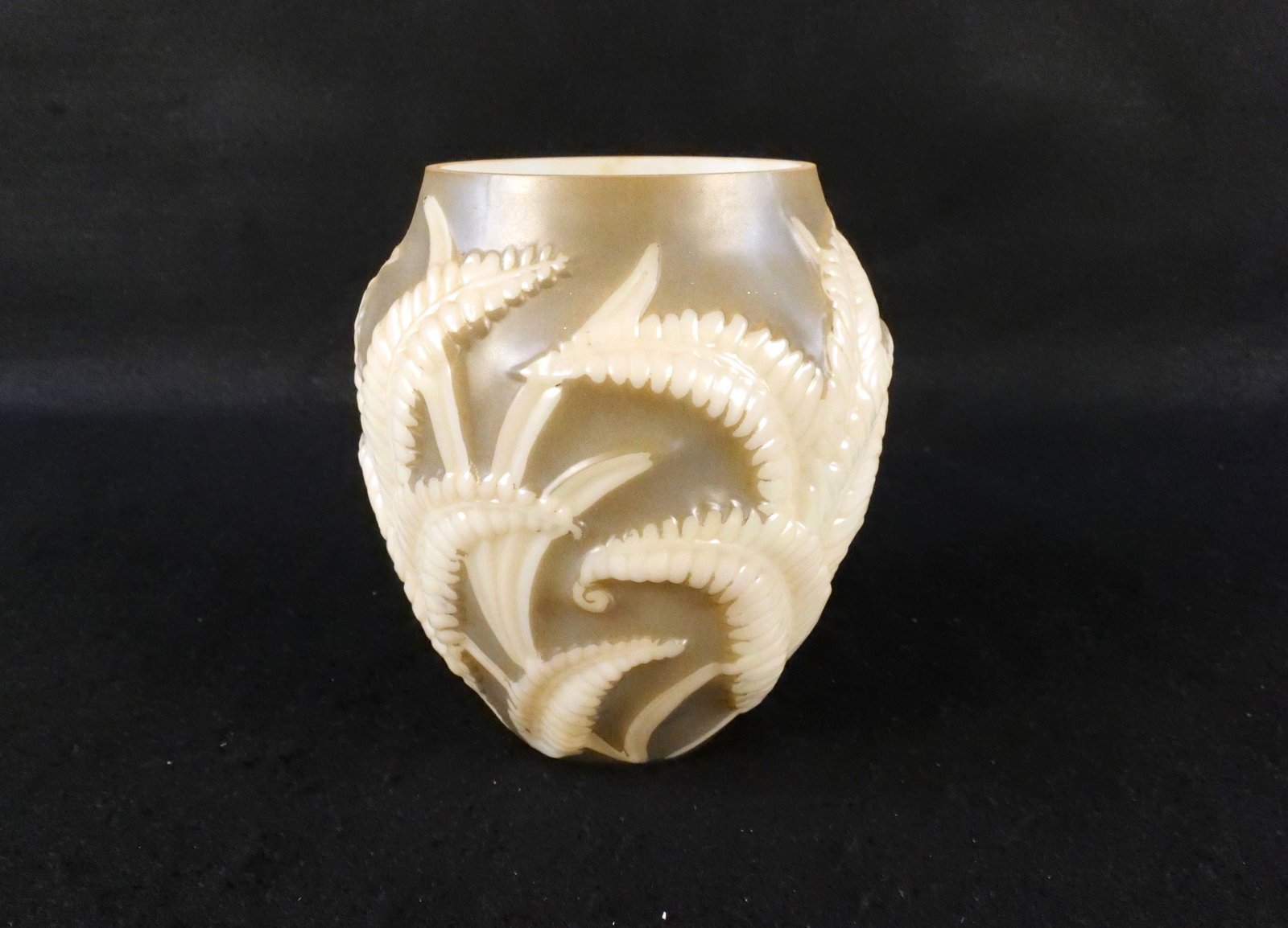 Phoenix Sculptured Art Glass Vase - Fern Relief: Consolidated/Phoenix Sculptured Glass Vase. Fern Pattern in Painted High Relief. Measures 7.25" tall x 7" wide. All invoices must be paid within 24 hours of the sale. We offer multiple shipping option
