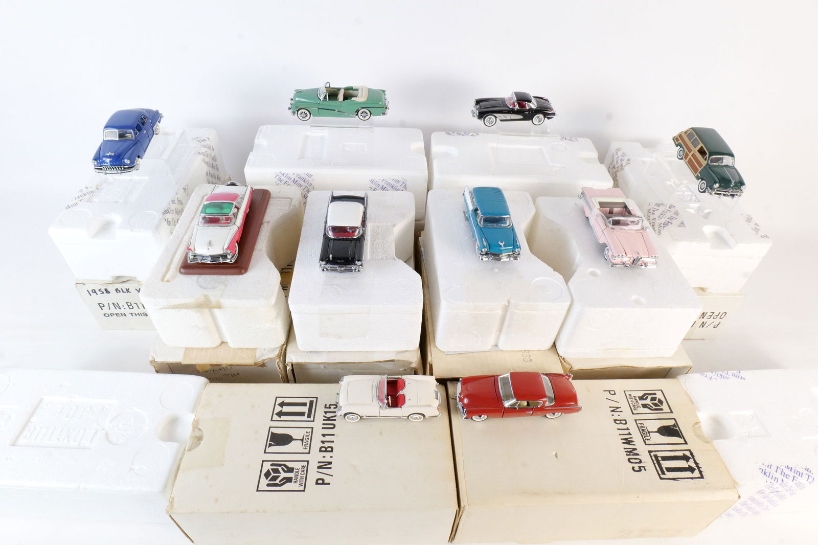 Lot of 10 Franklin Mint 1:43 Scale Diecast: Lot of 10 Franklin Mint 1:43 Scale Diecast. Including 1957 Chevy Bel Air, 1953 Studebaker, 1949 Ford Woody Wagon, 1953 Buick Skylark, 1955 Fairlane Crown Victoria and More. Full Disclosure - Most Cars