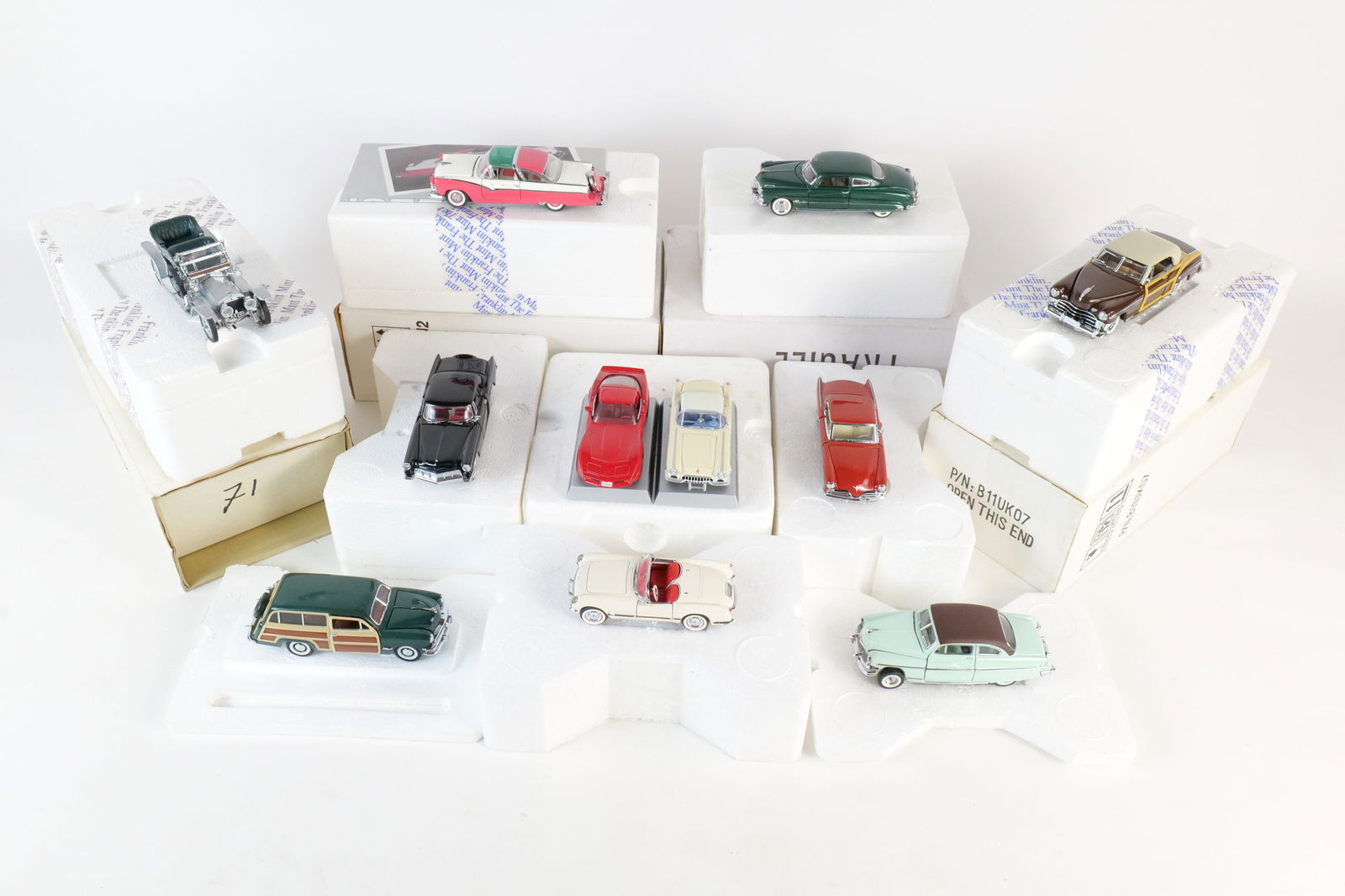 Lot of 10 Danbury and Franklin Mint 1:43 Scale Cars: Lot of 10 Danbury and Franklin Mint 1:43 Scale Cars. One package contains 2 cars. Including 1956 Lincoln Continental Mark II, 1953 Corvette, 1907 Rolls-Royce Silver Ghost, 1951 Hudson Hornet, and More