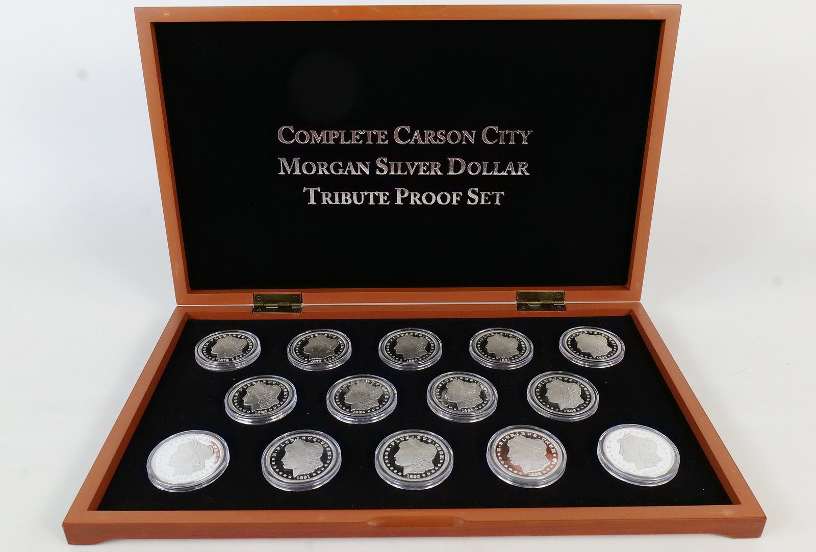 US 1878-1900 Morgan Dollar Tribute Proof Set: Produced by the National Collector's Mint. This collection consists of fourteen privately minted tribute proofs recreating the Carson City mint-mark issues. Design type: Morgan Liberty / Eagle reverse