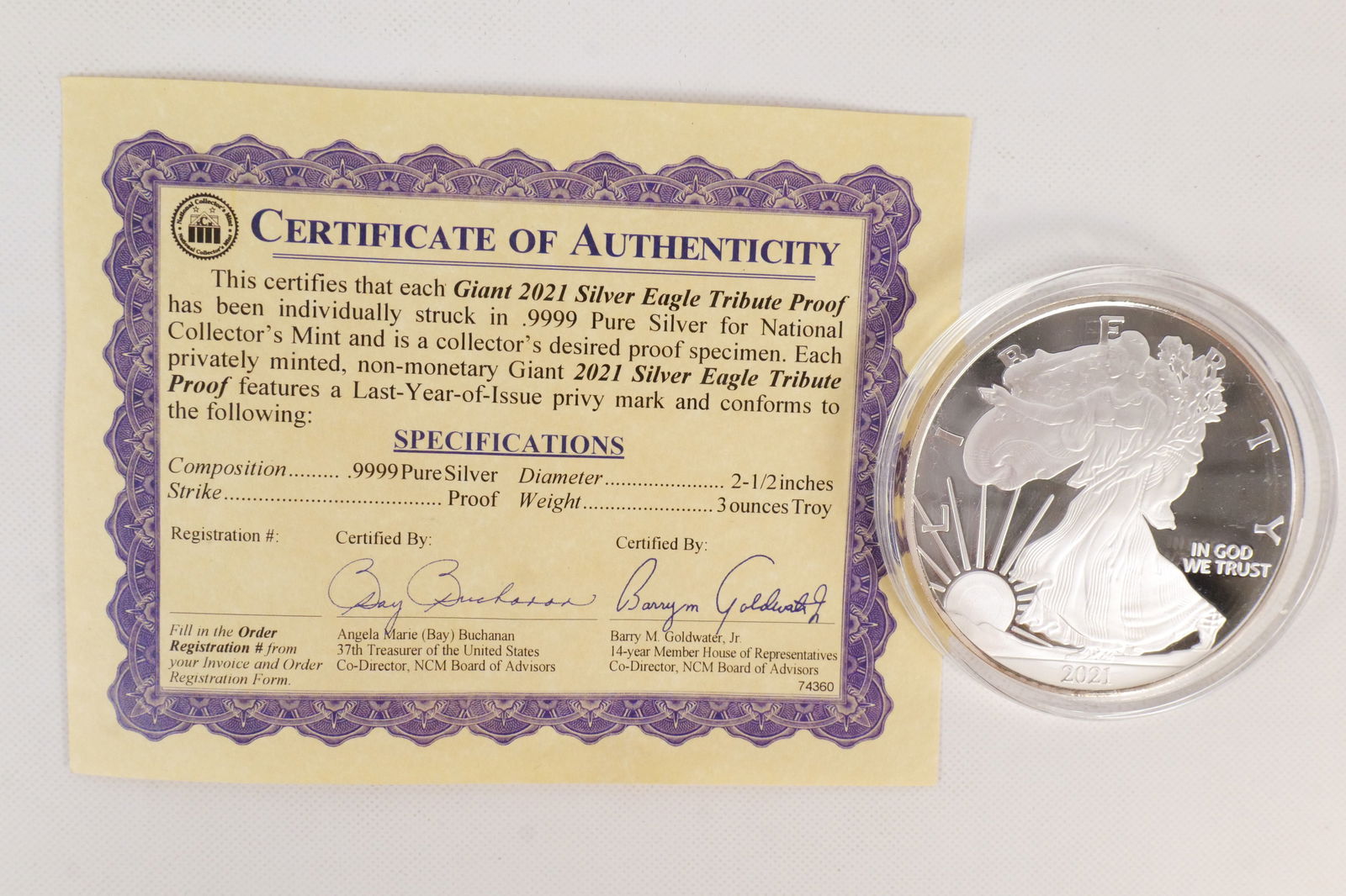 US 2021 National Collector's Mint Silver Eagle Tribute Medal: US 2021 National Collector's Mint Silver Eagle Tribute Medal, .9999 fine silver. Privately minted non-monetary silver tribute medal produced by the National Collector's Mint. Walking Liberty / Eagle