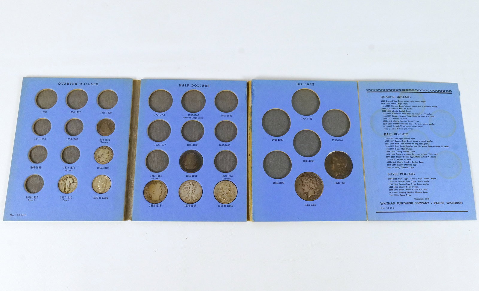 US 1857-1957 Silver Type Coin Collection, Whitman Folder: A Collection of US silver coins presented in a Whitman Publishing Company folder No. 9026B. The lot includes an 1857 Seated Liberty quarter (KM-A78), a 1914 Barber quarter (KM-114), a Standing Liberty