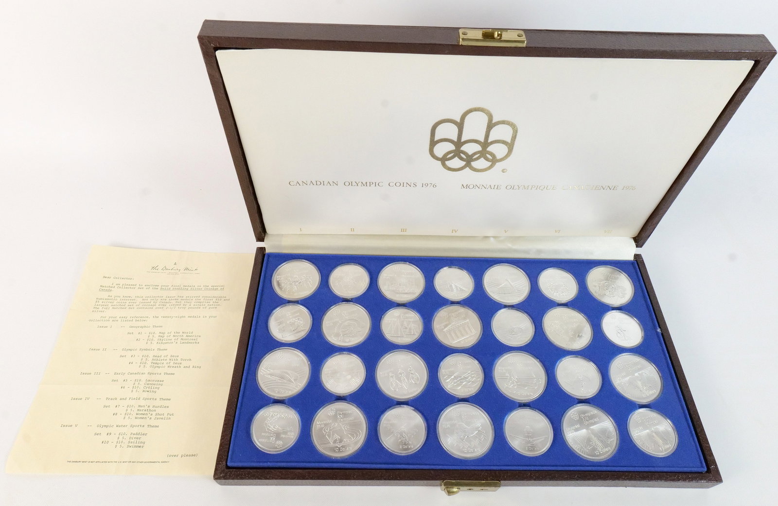 CA 1973-1976 Sterling Olympic 28-Coin Set: 1973-1976 Sterling Olympic 28-Coin Set. A collection of coins issued by the Royal Canadian Mint for the Montreal 1976 Olympic Games, cataloged as KM# 87 through KM# 114. This matched set includes 5 Do