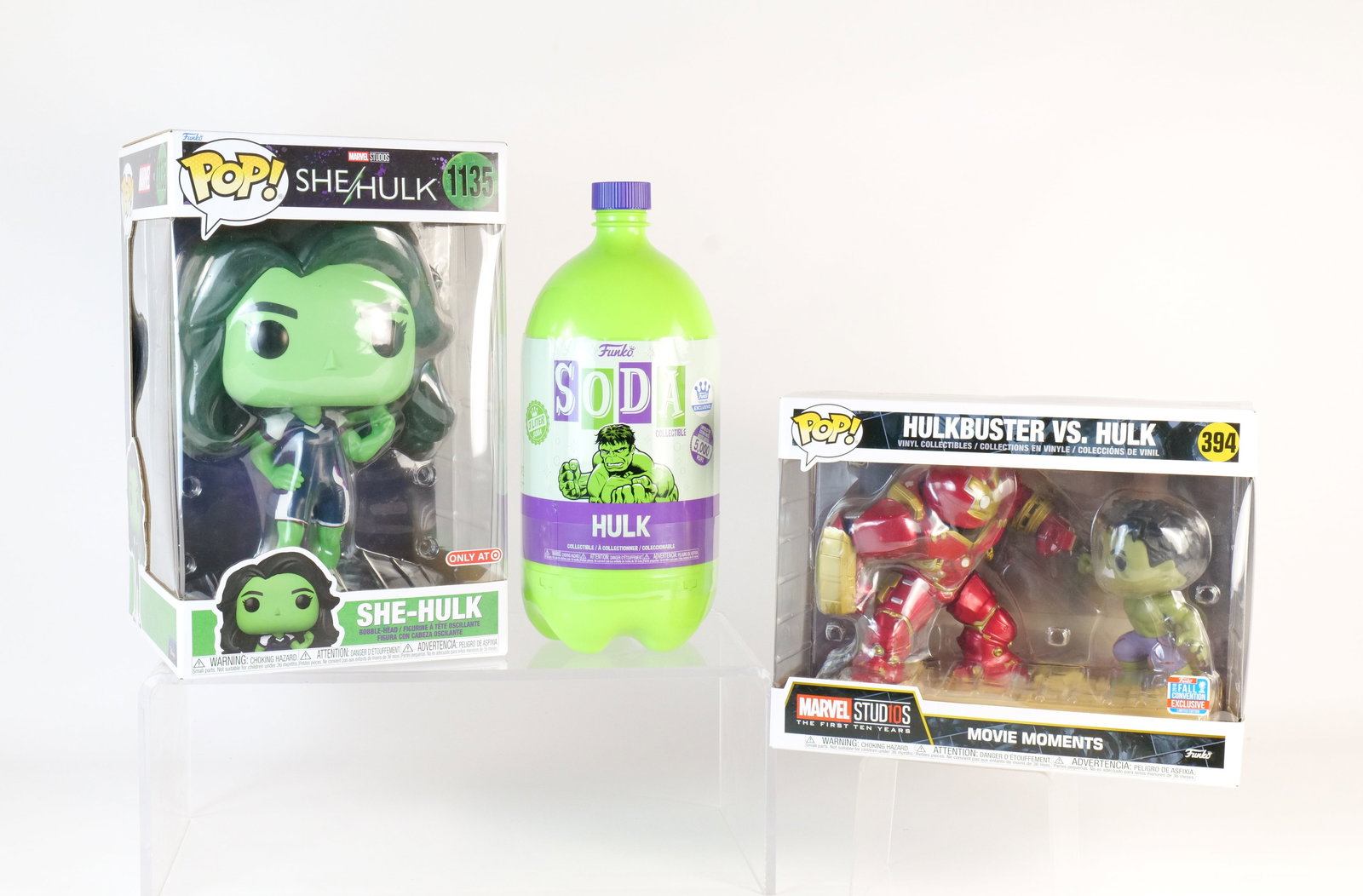 Lot of 3 Funko Marvel Hulk Pops: Lot of 3 Funko Marvel Hulk Pops. Including Hulkbuster vs. Hulk Movie Moments #394, She-Hulk #1135, and 3 Liter Soda. All invoices must be paid within 24 hours of the sale. We offer multiple shipping o