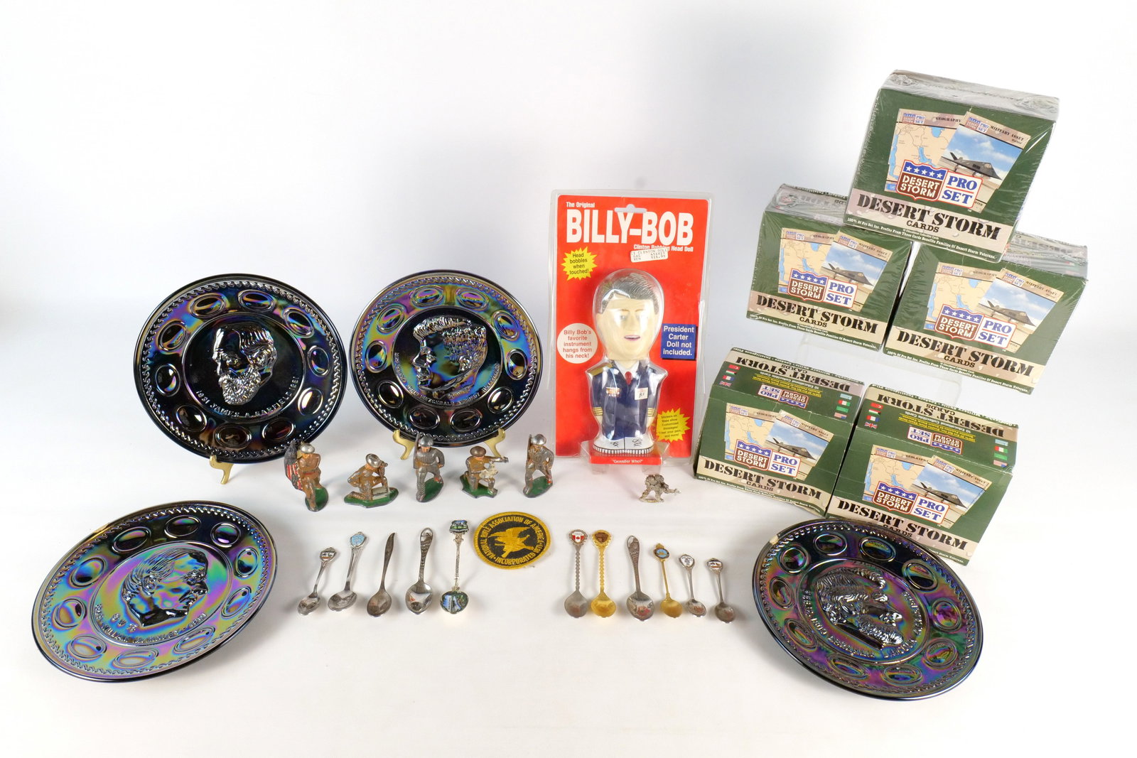 Lot of Political and War Collectibles: Lot of Political and War Collectibles. Including Desert Storm Trading Cards - 3 boxes are sealed, 4 x Collectible President Plates, Billy-Bob Bobble-head, Lead Soldier Figures - Some AS-IS, and Souven