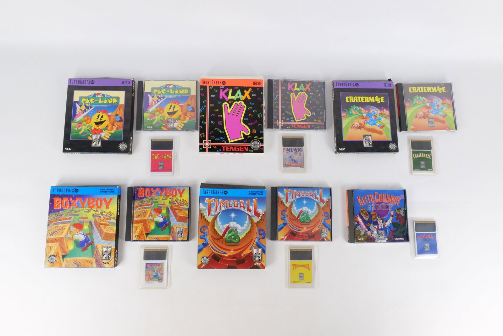 Lot of 6 TurboGrafx 16 Games: Lot of 6 TurboGrafx 16 Games. 5 are complete with box including Cratermaze, Timeball, Boxyboy, Pac-Land, and Klax. Also includes Keith Courage in Alpha Zones which has the game, manual and jewel case
