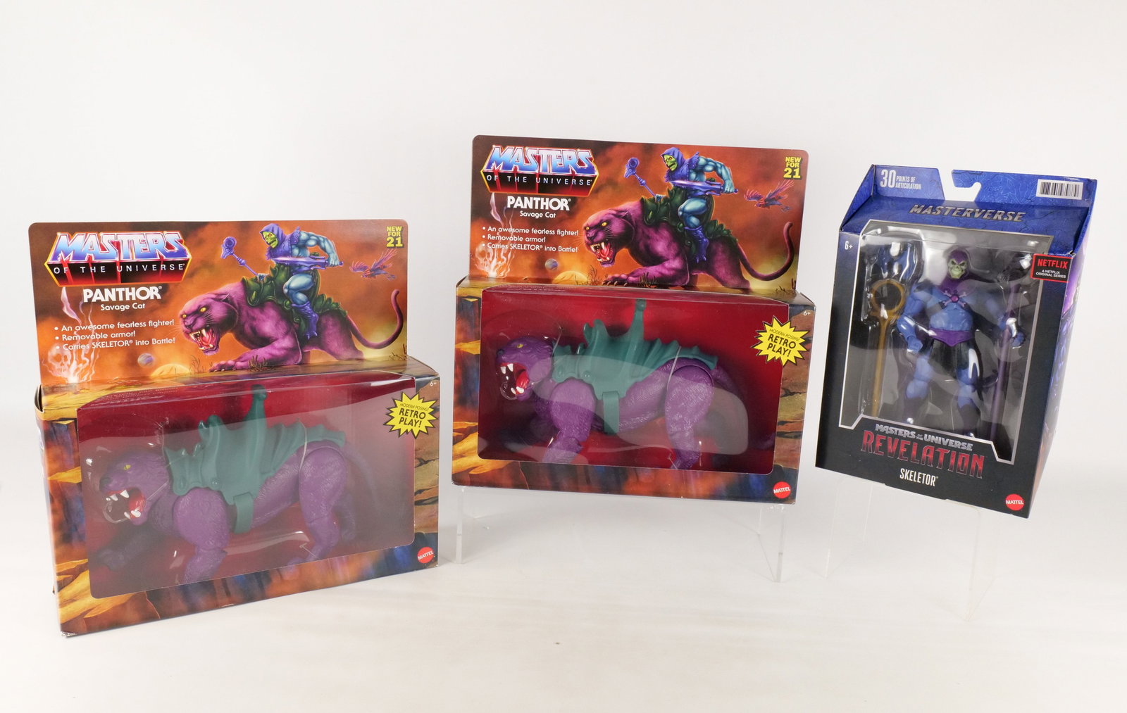 Lot of 3 Mattel Masters of the Universe Figures: Lot of 3 Mattel Masters of the Universe Figures. Including 2 x Panthor Savage Cat Retro Play and Masterverse Revelation Skeletor Figure. All new in package. All Proceeds from this lot will go to Bodna
