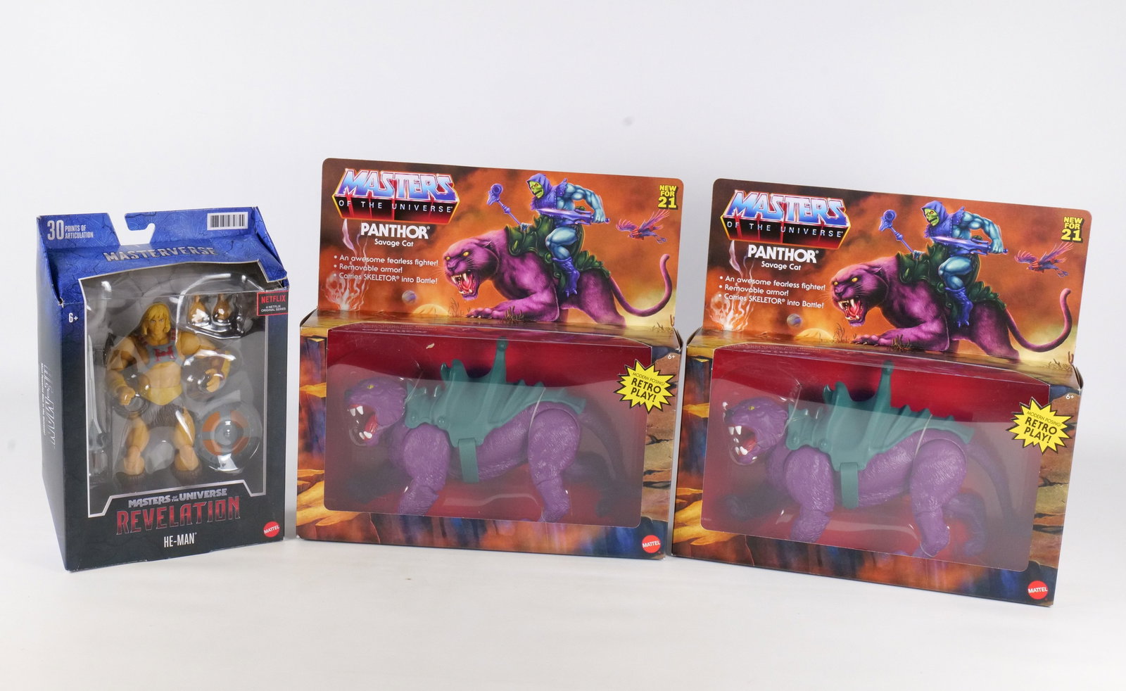 Lot of 3 Mattel Masters of the Universe Figures: Lot of 3 Mattel Masters of the Universe Figures. Including 2 x Panthor Savage Cat Retro Play and Masterverse Revelation He-Man Figure. All new in package. The He-Man Package has some tearing. All Proc