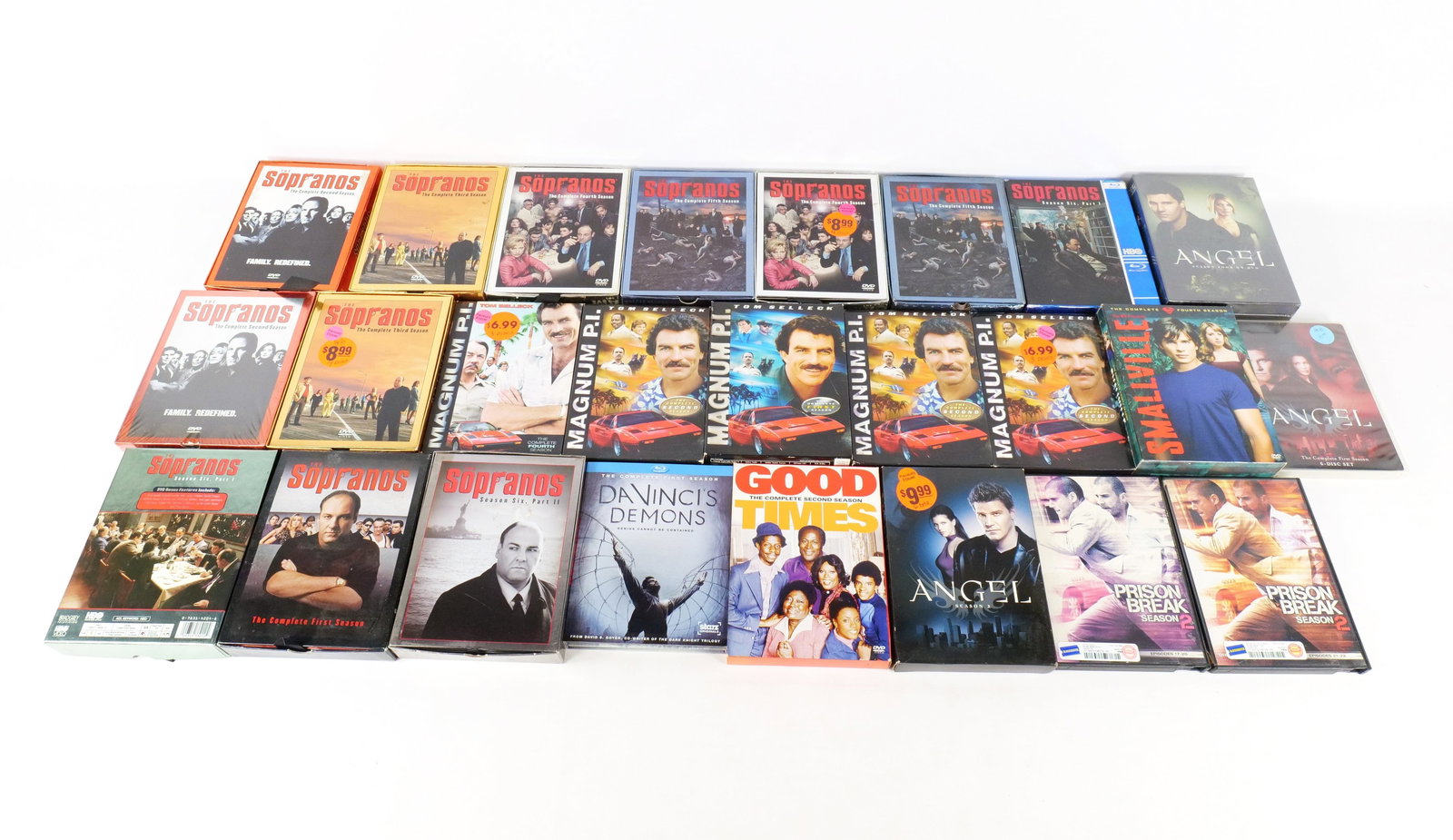 Lot of TV Series DVD's: Lot of TV Series DVD's. Including The Soprano's Season 1-6 plus duplicate seasons, Angel Season 1, 2 & 4, Magnum P.I Various Seasons, Good Times Season 2, and More. Some are sealed. All invoices must