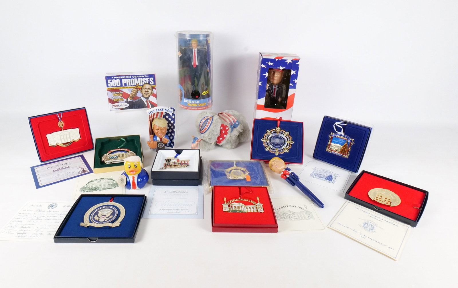 Lot of Political Collectibles: Lot of Political Collectibles. Including Various White House Ornaments, Donald Trump Items, Obama's 500 Promises, and More. All invoices must be paid within 24 hours of the sale. We offer multiple shi