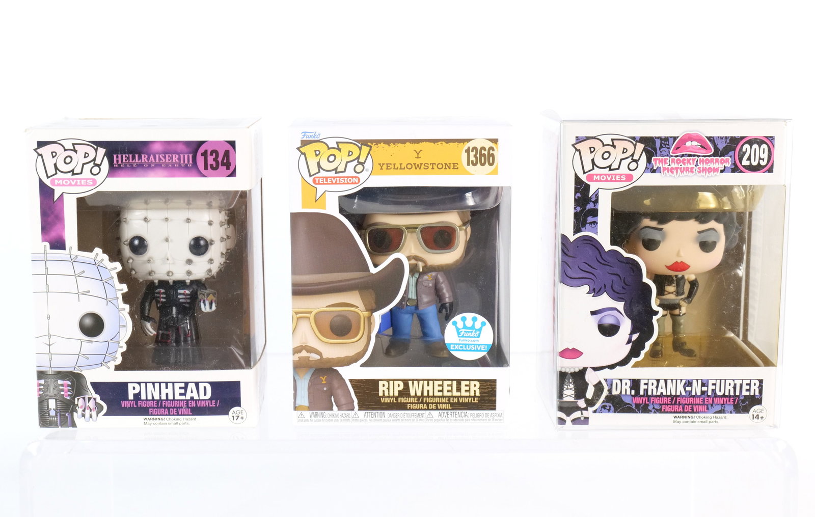 Lot of 3 Funko Pops: Lot of 3 Funko Pops. Including Yellowstone Rip Wheeler #1366 Funko Exclusive, The Rocky Horror Picture Show Frank-N-Furter #209, and Hellraiser III Pinhead #134All invoices must be paid within 24 hour