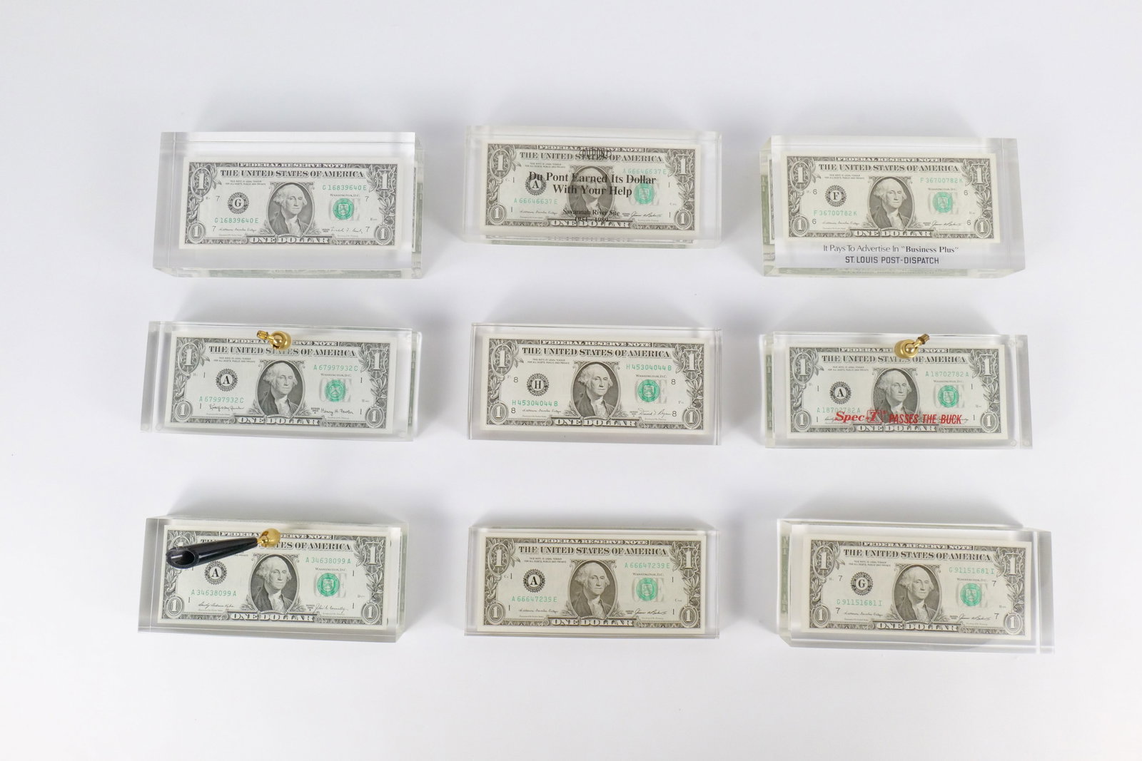Lot of 9 Lucite Encapsulated Dollar Bill Paperweights (1 of 18)