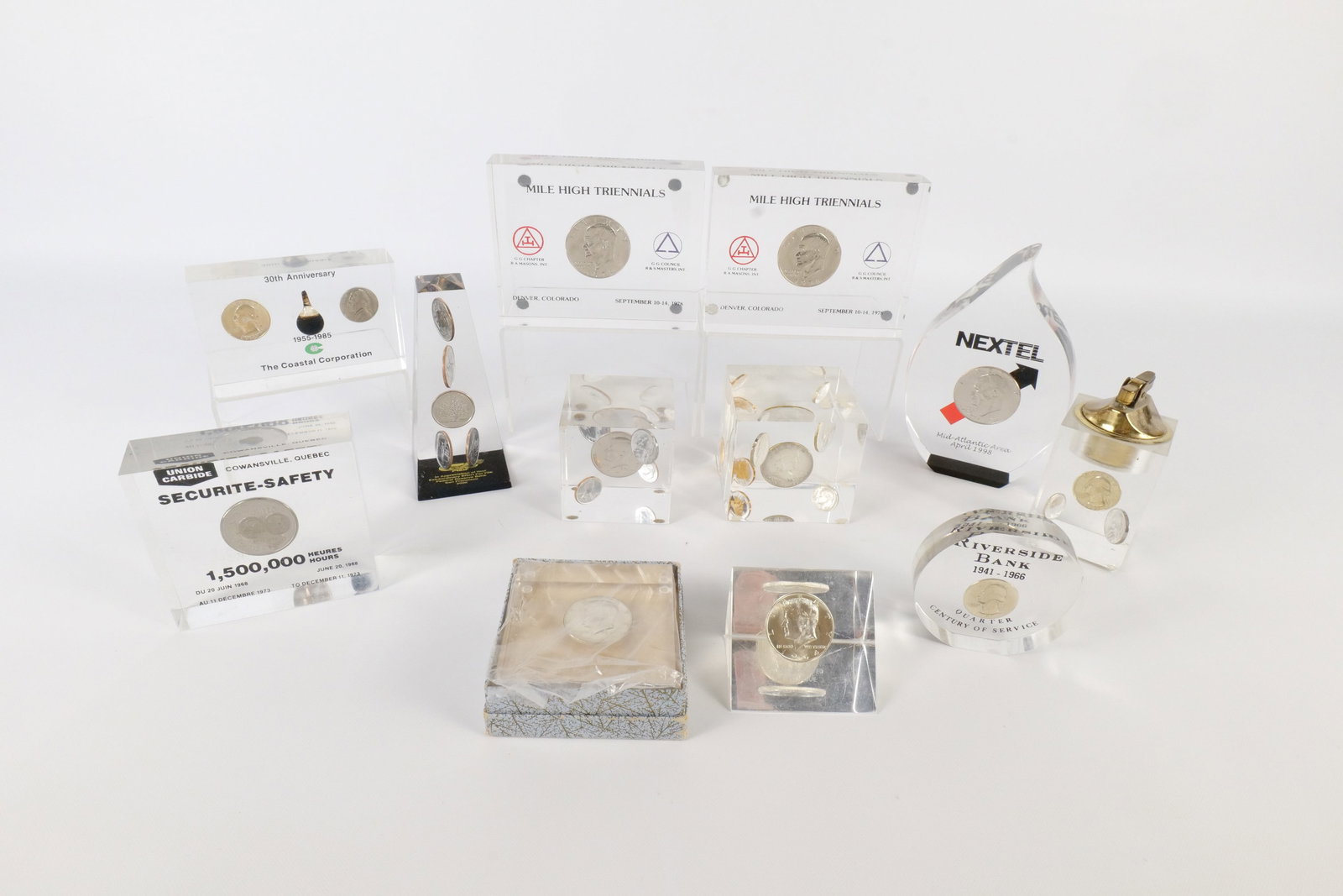 Lot of Lucite Encapsulated Coin Paperweights and Lighter (1 of 19)