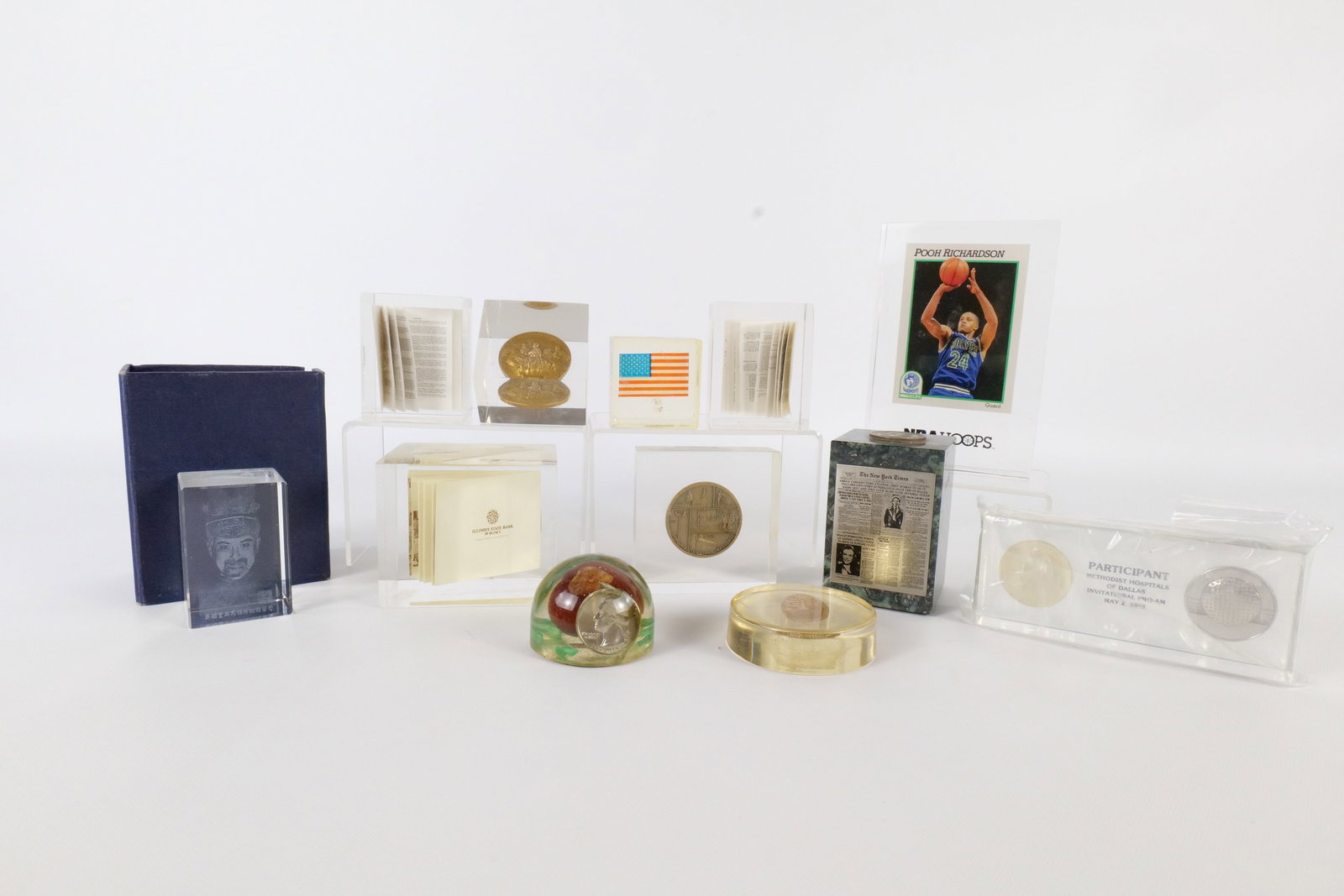 Lot of Souvineir Coins, Tokens and More: Lot of Souvineir Coins, Tokens and More. Many Encapsulated in Lucite. Including NBA Pooh Richardson Card, Bank Booklets, Methodist Hospital Participant Set, Laser Cut Cube with Asian Figure, Ohio Buck