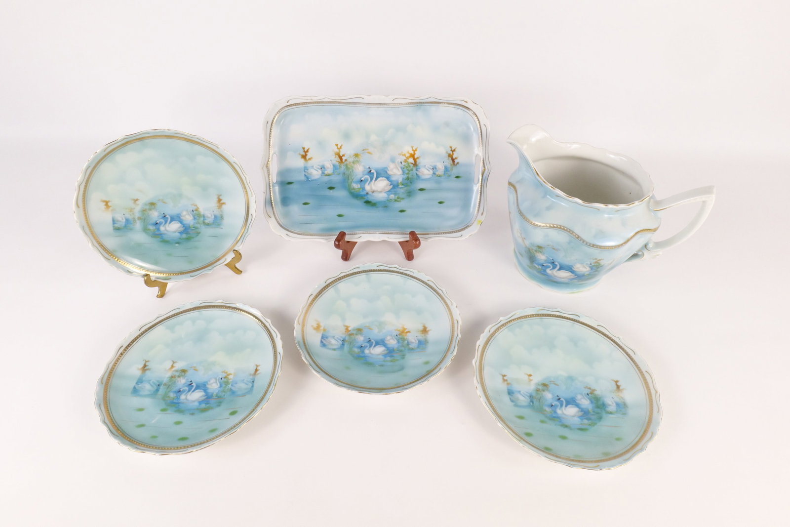 Lot of Antique Hand Decorated Swan Scene Porcelain Pieces (1 of 10)